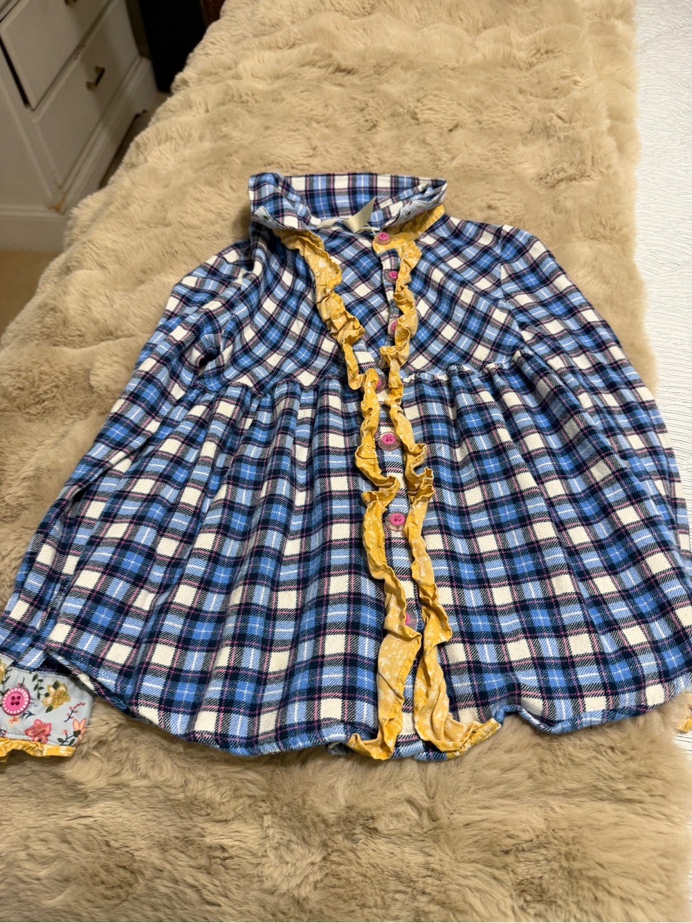 Matilda Jane Blue Plaid Button Down Shirt with Yellow Ruffle